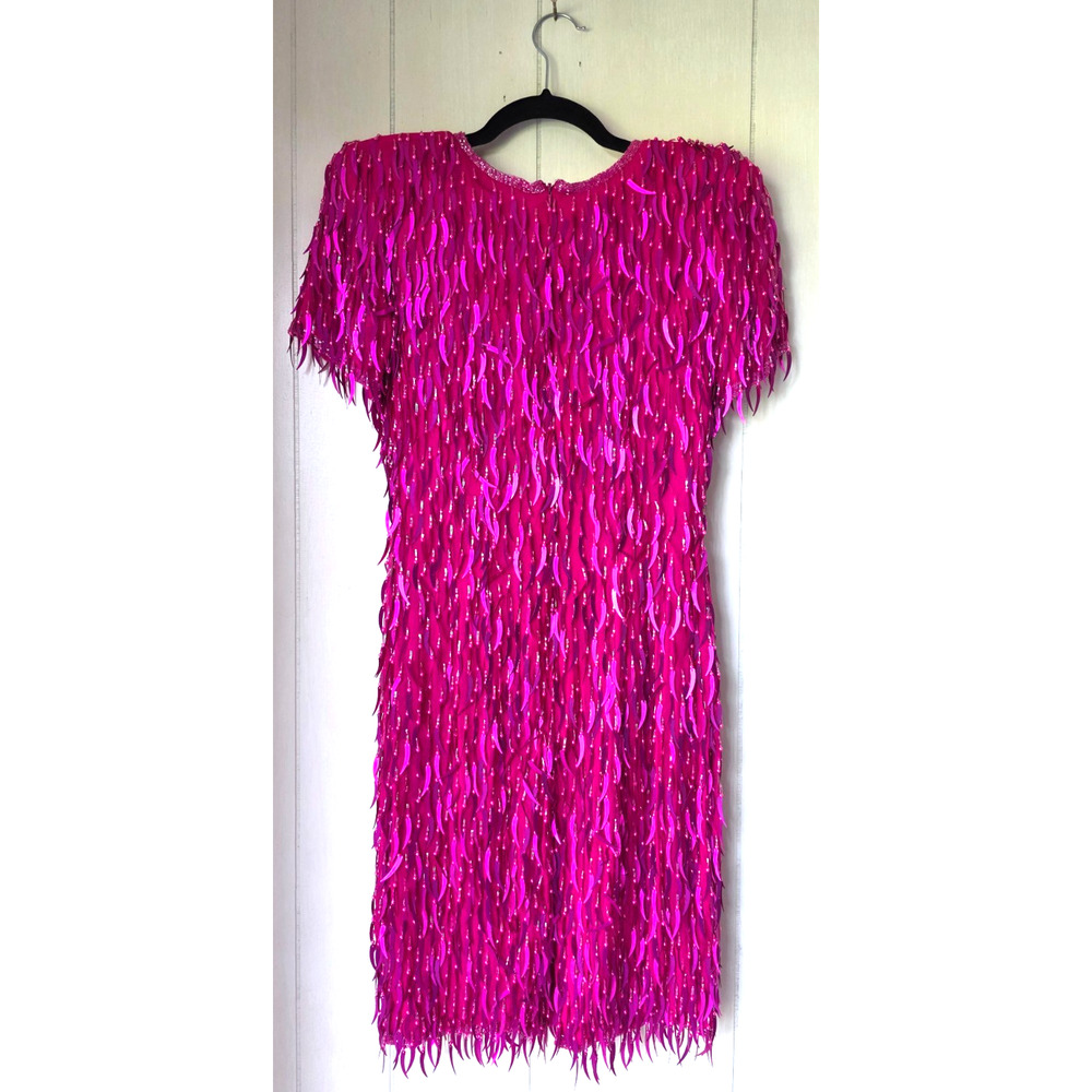 AJ Bari Silk Hot Pink Cattail Sequin Beaded Fringe Vintage Trophy Sheath Dress 6 - Picture 3 of 15